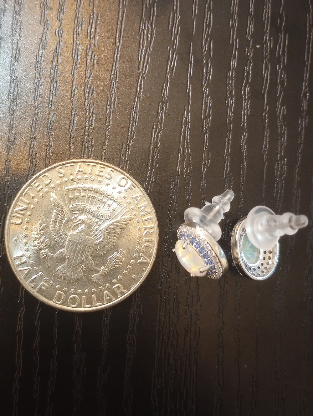 Dainty Opal Halo Iridescent Stud Earrings Iridescent Opal & Blue Clear Accents